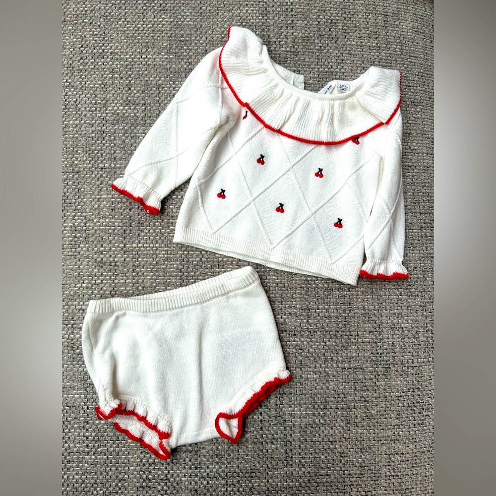 Janie and Jack 2 piece matching sweater set with cherry and ruffle detail